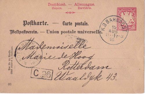 Bayern - Tittmoning Freilassing 3 Bahnpost-K1 10 Pfg. Ganzsache n. HOLLAND 1900