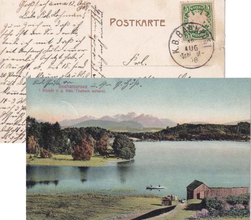 Bayern - Schliersee München Bahnpost-K1 AK Seehamer See n. Starnberg 1908