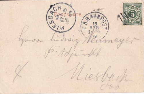 Württemberg - Ulm München Bahnpost-K1 AK Ulm - Miesbach 1899