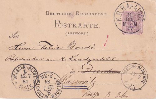 DR - München Nürnberg IV Bahnpost-K1 5 Pfg. Ganzsache/A-Teil n. Dresden 1884