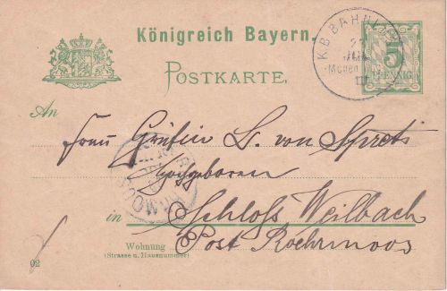 Bayern - München Nürnberg III Bahnpost-K1 5 Pfg. Ganzsache n. Röhrmoos 1902