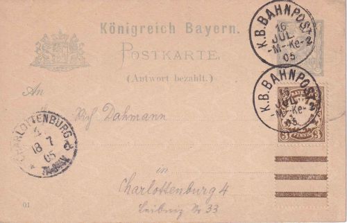 Bayern - München Kempten 2 Bahnpost-K1 2 Pfg. Ganzsache+Zusatz Bruck 1905