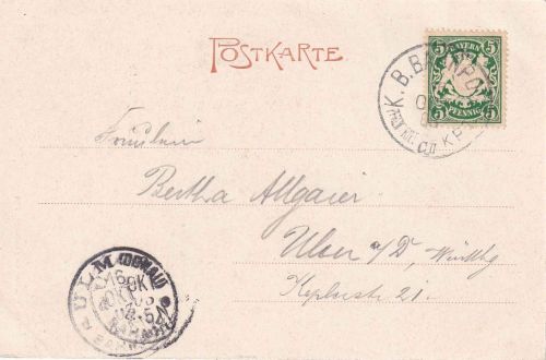 Bayern - Pfronten Ried Kempten CII Bahnpost-K1 AK Ulm 1903