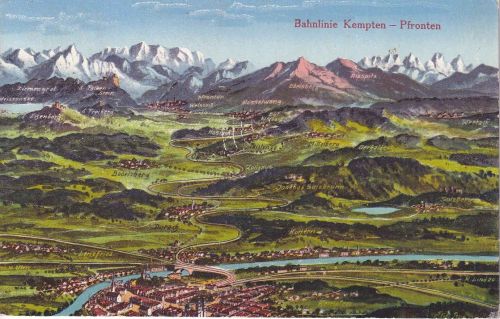 Bayern - Pfronten Kempten Eisenbahnlinie farb. Felle-AK gelaufen Wertach 1918