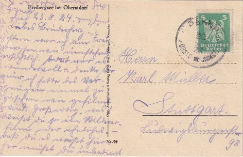 DR - Oberstdorf II Immenstadt apt. Bahnpost-K1 AK Freibergsee n. Stuttgart 1924