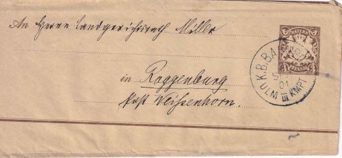 Bayern - Ulm III Kempten Bahnpost-K1 3 Pfg. GA-Streifband n. Roggenburg 1901