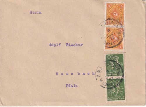 DR-Infla - Türkheim I Gessertshausen Bahnpost-K1 Brief n. Mussbach 1922