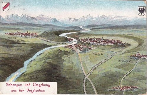 Bayern - Schongau Peiting Eisenbahnlinie farb. Felle-AK gelaufen Schongau 1910