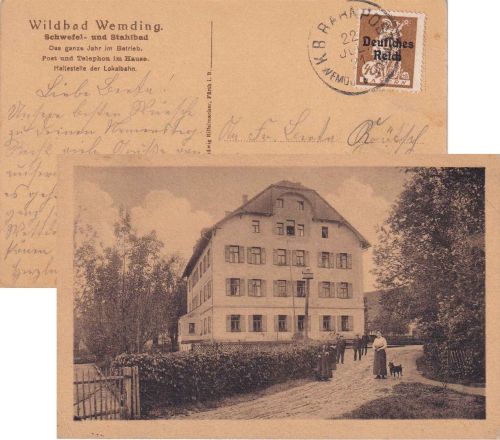 DR-Infla - Wemding I Nördlingen Bahnpost-K1 AK Wildbad Wemding - Cham 1921