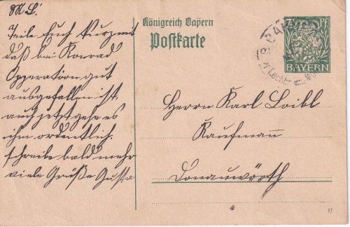Bayern - Lechbruck Marktoberdorf Bahnpost-K1 5 Pfg. Ganzsache n. Donauwörth 1917