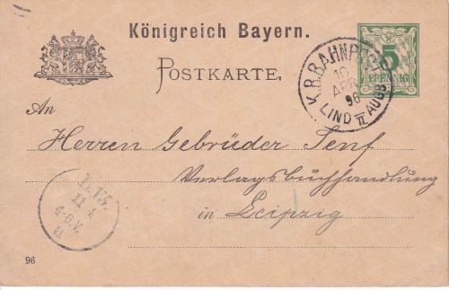 Bayern - Lindau II Augsburg Bahnpost-K1 5 Pfg. Ganzsache Lindau - Leipzig 1896