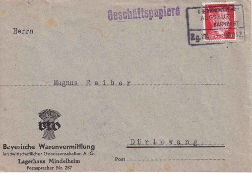 DR - Memmingen Augsburg Zg. 714 Bahnpost-Ra4 Geschäftspapiere Mindelheim 1942