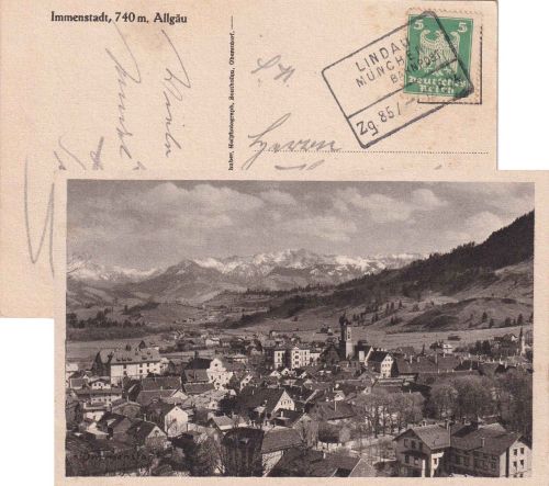 DR - Lindau München Zug 857/- apt. Bahnpost-Ra4 AK Immenstadt - München 1924