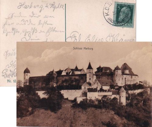 Bayern - Nördlingen Augsburg Bahnpost-K1 AK Harburg - Fischen 1912