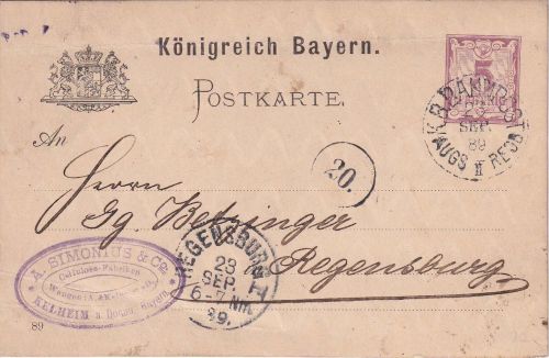 Bayern - Augsburg II Regensburg Bahnpost-K1 5 Pfg. Ganzsache Kelheim 1889