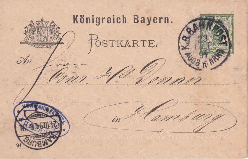 Bayern - Augsburg IV Nürnberg Bahnpost-K1 5 Pfg. Ganzsache Augsburg Hamburg 1894