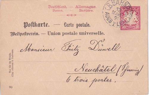 Bayern - Augsburg I Lindau Bahnpost-K1 10 Pfg. Ganzsache i.d. SCHWEIZ 1891