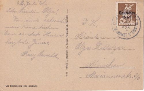 DR-Infla - Immenstadt I Oberstdorf Bahnpost-K1 40 Pfg. Karte n. München 1921