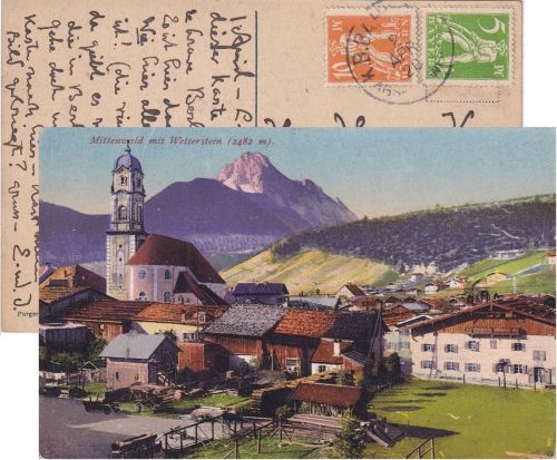 Bayern - Augsburg I Weilheim Bahnpost-K1 AK Mittenwald - Berlin 2.4.1920