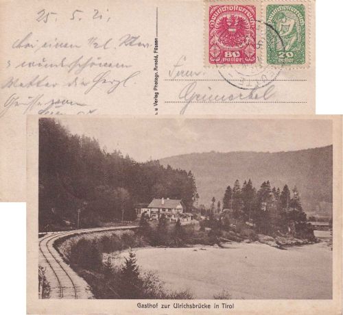 Österreich - Kempten Reutte Zug 18 Bahnpost-K1 AK Musau/Ulrichsbrücke 1921