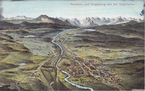 Bayern - Kempten u. Umgeb. Vogelperspektive Bahnlinien farb. Felle-AK 1915