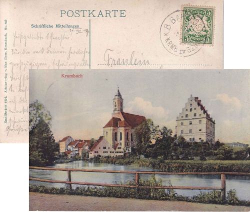 Bayern - Krumbach IV Günzburg Bahnpost-K1 AK Krumbach n. ÖSTERREICH 1909