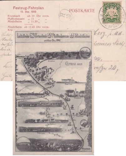 Bayern - Krumbach IV Günzburg Bahnpost-K1 AK Bahneröffnung 15.12.1910