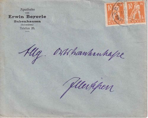 Bayern - Kempten II UlmI Bahnpost-K1 Brief Babenhausen - Illertissen 4.5.1920