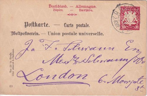 Bayern - Kempten I Ulm Bahnpost-K1 10 Pfg. Ganzsache n. ENGLAND Memmingen 1890
