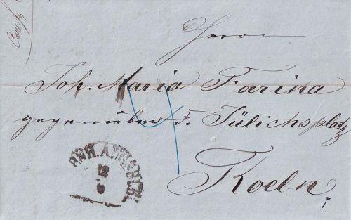 Bayern/Preussen - Bahnh. Augsburg 12/9 (1857) Portobrief n. Köln