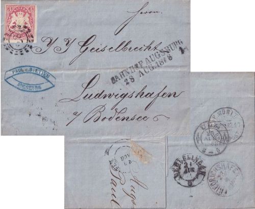 Bayern - 3 Kr. Wappen geschn. Brief oMR 32 L2 Bahnhof Augsburg 28. AUG 1868
