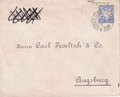 Bayern - Füssen II Biessenhofen Bahnpost-K1 20 Pfg. GA-Umschlag Lengenwang 1892