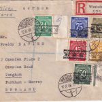 Bizone - Ziffern/Bandaufdruck div. Werte Einschreibebrief n. ENGLAND 12.8.48