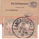 Bayern - 2x10 Pfg. Wappen/Porto Ortszustellurkunde Landau (Queichheim) 1889