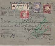 Bayern - 50+20+10 Pfg. Wappen Paketkarte i.d. SCHWEIZ Landau/Pfalz 1906