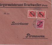DR-Infla - 2x500+200 M. Ziffer/Überdruck Dienstbrief Bruchweiler-Bärenbach 1923