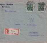 DR-Infla - 2x4 M. Posthorn Einschreibebrief n. HOLLAND Bremen - Amsterdam 1.8.22