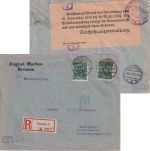 DR-Infla - 2x4 M. Posthorn Einschreibebrief n. HOLLAND Bremen - Amsterdam 1.8.22