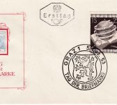 Österreich - 2x1 S. Tag d. Briefmarke Schmuck-FDC/Lupo-Drucksache n. USA 1953