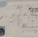 3 Kr. Quadrat blau, Nachportobrief gMR 325/München 5. Aug 1862 n. Hörmansdorf