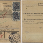 Deutsches Reich - 75+ 5 Pfg. (je2x) Germania Paketkarte i.d. SCHWEIZ Ruhla 1920