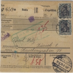 Deutsches Reich - 75+ 5 Pfg. (je2x) Germania Paketkarte i.d. SCHWEIZ Ruhla 1920