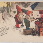 Neujahr Zwerge Schmiedefeuer Hufeisen farb. Glückwunschkarte gelaufen Worms 1929