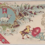 Ostern Lamm Küken Palmzweig farbige Prägekarte gelaufen Stuttgart 1902