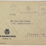 DDR - 20 Pfg. Absenderfreistempel Zuckerfabrik Oschatz, Brief n. Grimma 1957