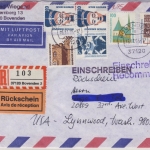 BRD - 6x100 Pfg. SWK Einschreibebrief Rückschein i.d. SCHWEIZ Borken 1991
