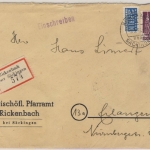 Bizone - Rickenbach ü. Säckingen Poststelle I Einschreibebrief n. Erlangen 1951