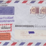 BRD - 2x500 Pfg. SWK Luftpost Einschreiben Rückschein n. USA Göttingen 1996