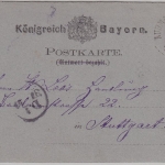 Bayern - 5 Pfg. Wappen Ganzsache Frageteil Ruhmannsfelden - Stuttgart ca. 1880