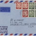 BRD - 10 Pfg. Dürer (4er-Bl.) + 3x20 Pfg. Bach y-Papier Luftpostbrief n. USA